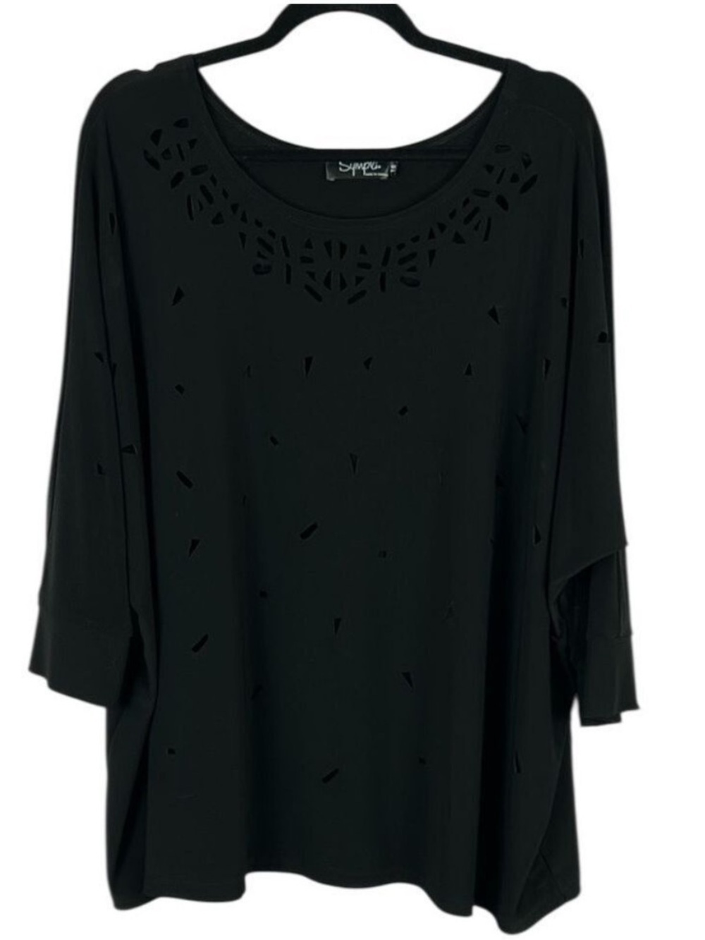 Sympli Classic Chic Geometric Laser Cut 3/4 Sleeve Tunic Top Size 16 Black Matte